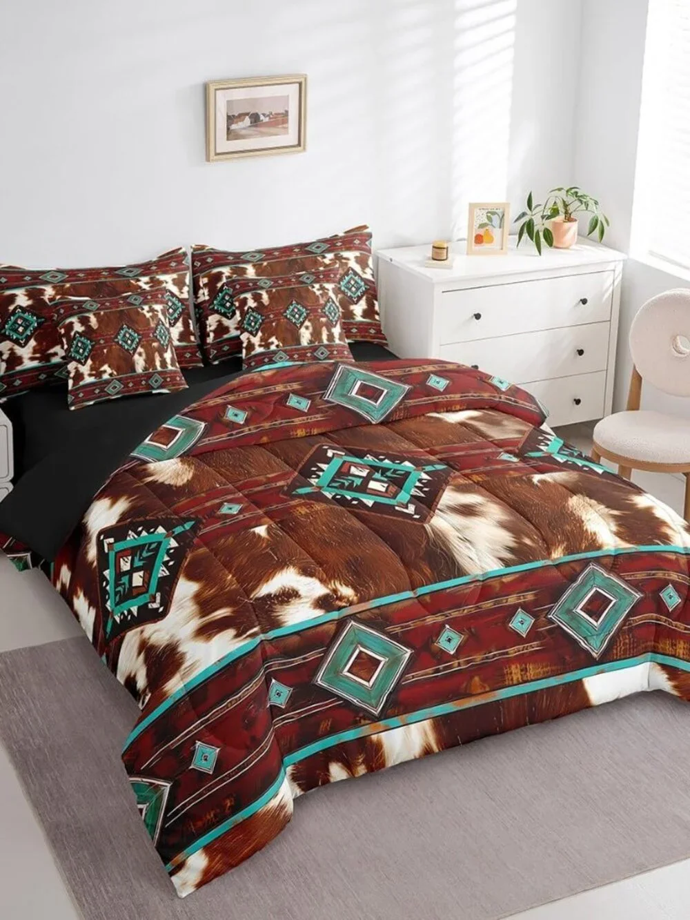 Cow Fur Printed Comforter Set with Sheets for Kids Boys Girls Western Bed in a B